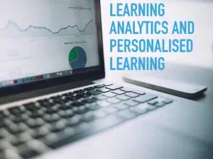 Slide 7 - Learning analytics and personalised learning with a decorative image of a laptop with a dashboard shown on screen with a projector remote next to it