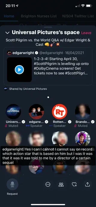 Screenshot of a Twitter Rooms meeting in progress featuring Tweets and live audio discussion