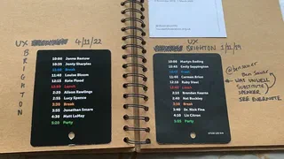 Two pages in a sketchbook showing the back of a conference name badge, displaying the schedule. One is for 2020 and one is for 2022.